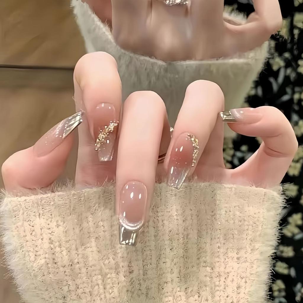 10pcs/set Purely Hand-made Wear-on Nails Phototherapy Nail Art Cat's Eye Ice Transparent Hand-painted False Nails