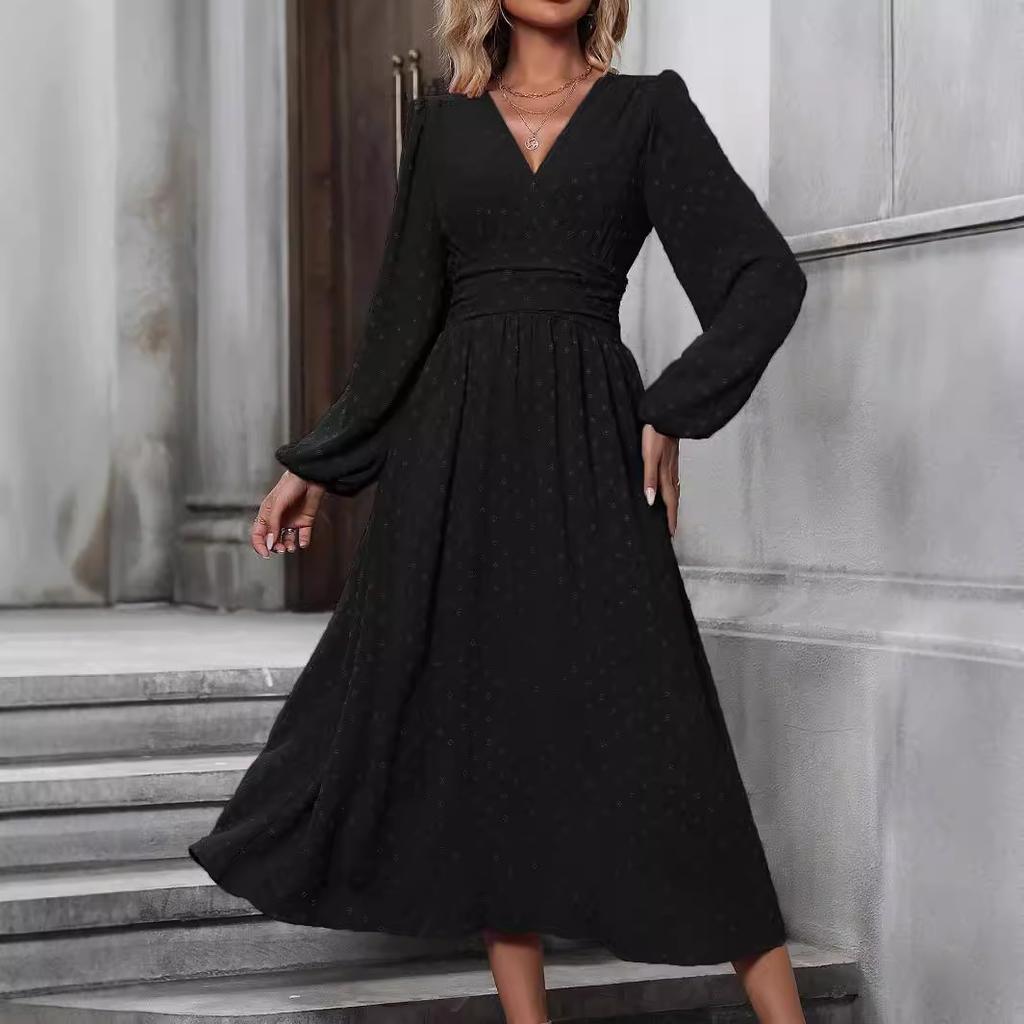 Осенне-зимнее женское платье с косым вырезом средней длины и рукавами-фонариками, плиссированные платья с декоративной талией