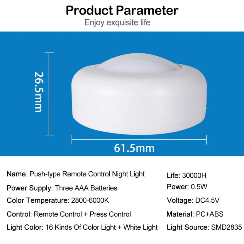 16 цветов Подсветка под шкаф Диммируемые светодиодные круглые ночники Портативные светильники для шкафа, кухни, кладовки с пультом и сенсорным управлением
