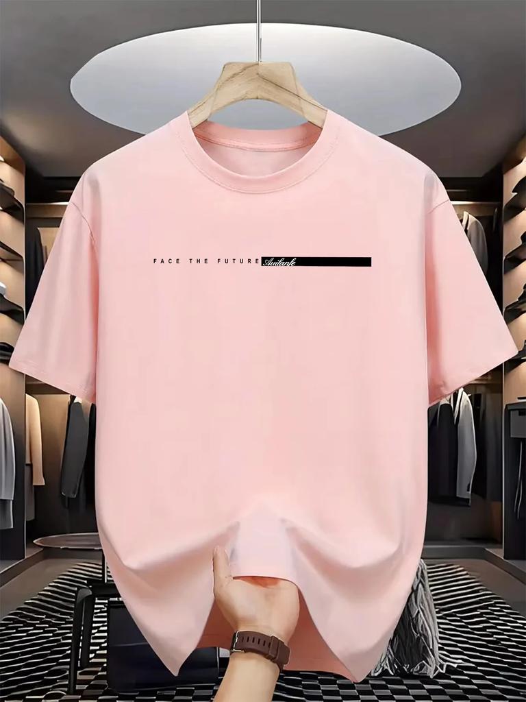 Men's Summer Cotton Casual Loose Big Letter Print Crew Neck Short Sleeve T-shirt, Street Style Neutral T-shirt.