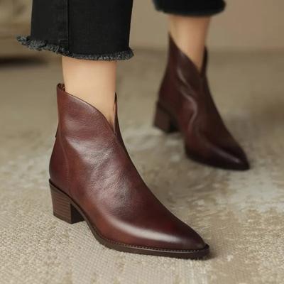Остроносые коричневые ретро ботильоны женские осенне-зимние в британском стиле с V-образным вырезом короткие ботинки женские на среднем каблуке кожаная обувь