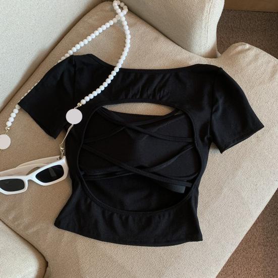 Женская футболка с квадратным воротником и коротким рукавом, с вырезом на спине, однотонная облегающая укороченная футболка, повседневная одежда