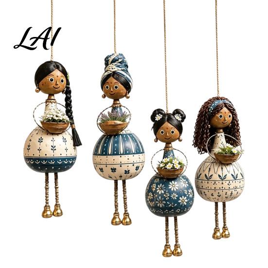 Vintage Dancing Girl Hanging Pendant Hand‑Painted Folk Style Ornament Ethnic Doll with Bell & Basket Rustic Art Resin Ornament Boho Wall