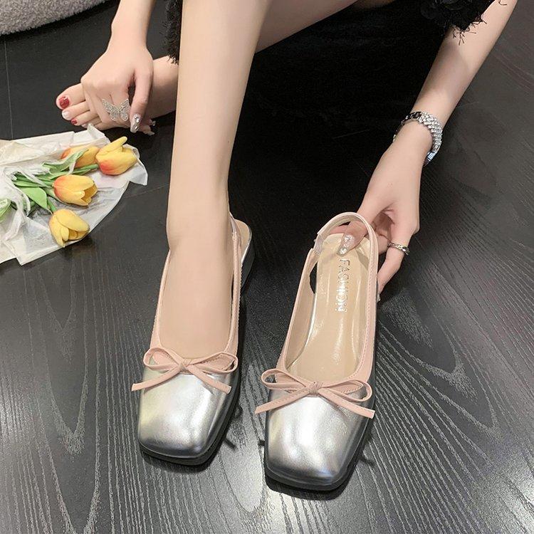 Женские туфли на высоком каблуке серебристого цвета с квадратным носком, без застежек, женские балетки, модные женские босоножки с бантом 2024