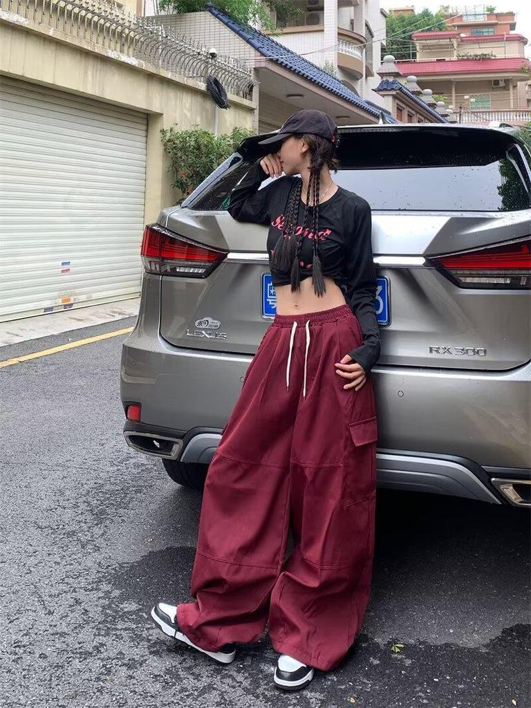 Retro High-Waisted Wide Leg Cargo Pants for Women - Street Dance Hip Hop Trousers, Straight Leg, Floor-Length