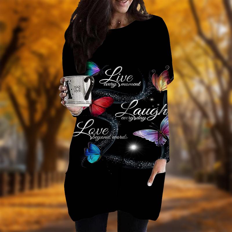 Новинка осени с принтом в виде букв и бабочек, платье больших размеров для женщин с круглым вырезом, длинными рукавами, повседневные платья с карманами