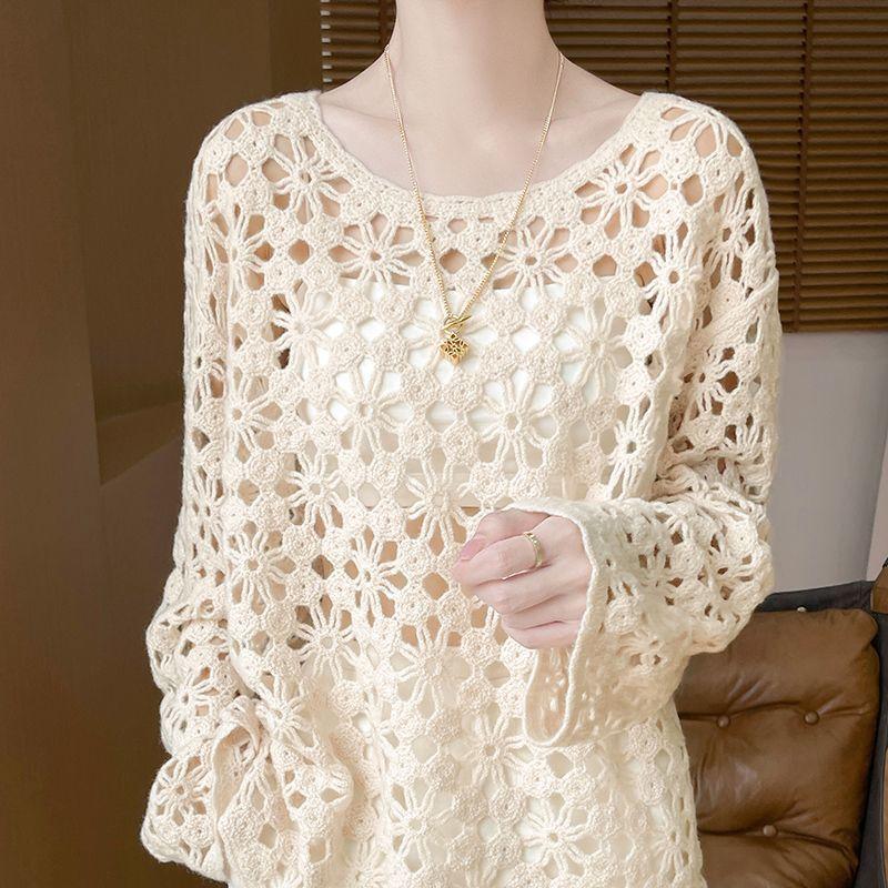 Весна Осень Женский Свитер С Вырезом Кружева Вязаный Трикотаж Пуловер Вязаный Топ Ажурный Вязаный Свитер