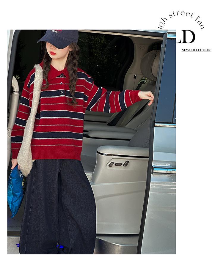 Полосатый вязаный свитер поло для девочек 2025 - Мода осень-зима для детей