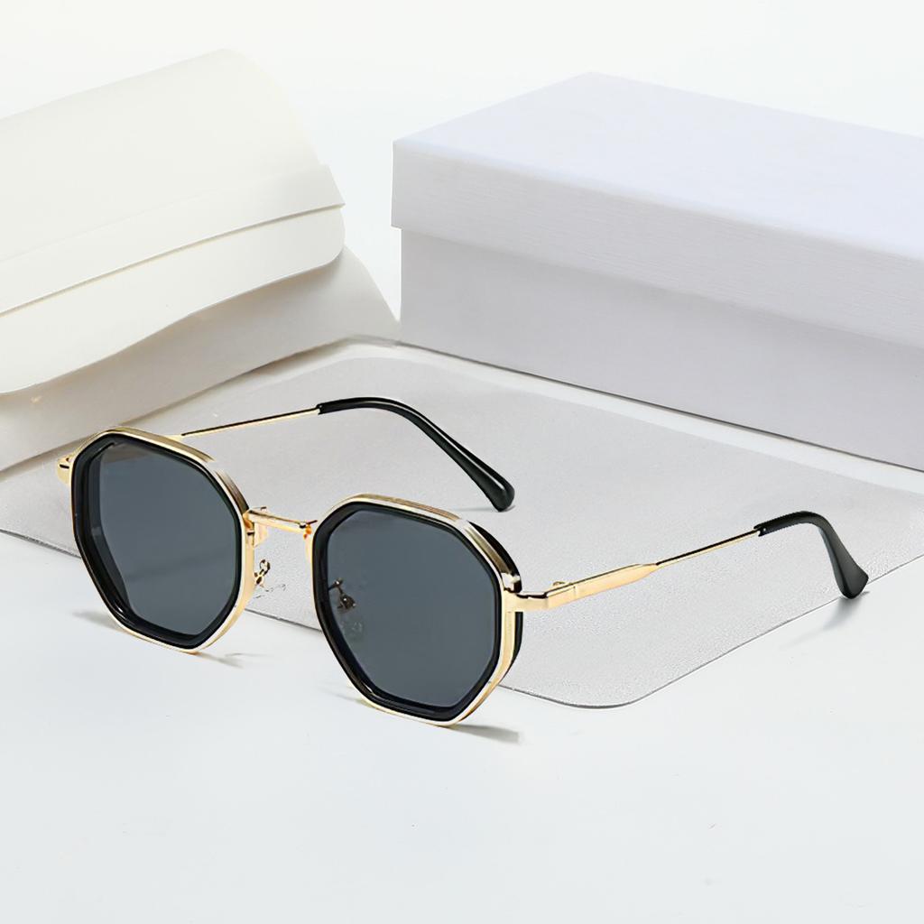 New In Vintage Sunglasses For Women Modern Fashionable Octagonal Glasses With Black Lenses Golden Edging Sun Glasses