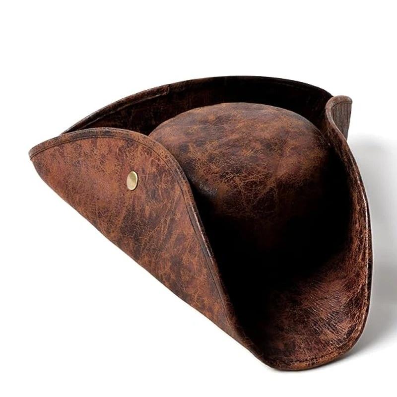 Faux Leather Pirate Hat Vintage Wrinkle Distressed Tricorn Pirate Hat For Women Men Halloween Costume Cosplay Accessories