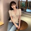 Women Summer Knitted T-shirt Tee Top V-Neck Short Sleeve Slim Irregular Outer Wear Hot Girl Solid Color