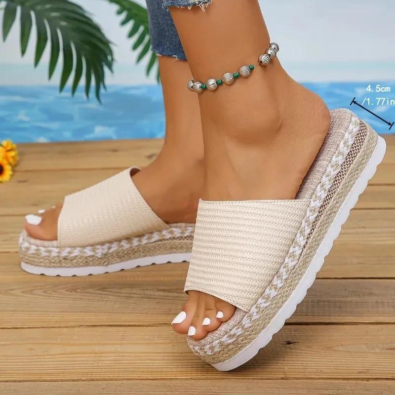 2024 Новые летние стильные тапочки из пеньковой веревки на толстой подошве с танкеткой для женщин, сандалии большого размера для женщин в одну линию