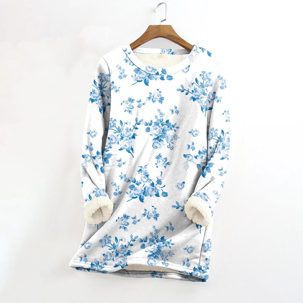 Женский топ с круглым вырезом и принтом из утолщенного плюша и кашемира, теплый длинный топ