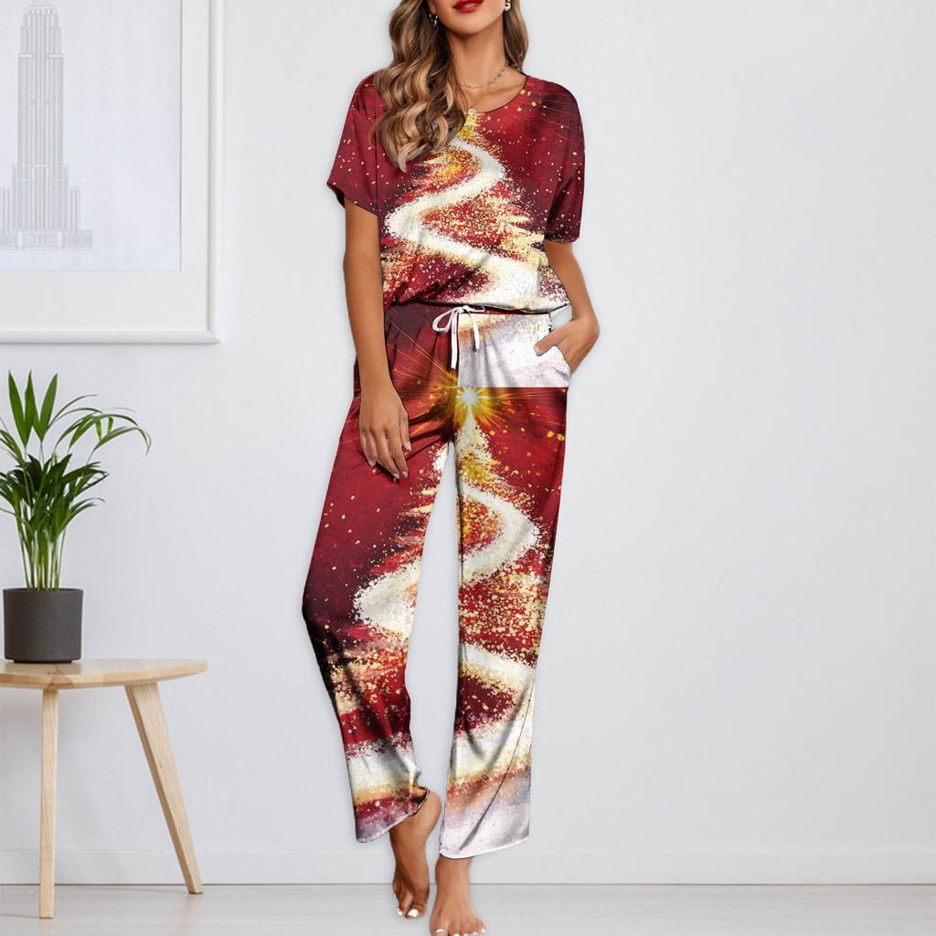 Женский шелковый атласный пижамный комплект с рождественским принтом, рубашка с коротким рукавом и длинные пижамные штаны, мягкая домашняя одежда