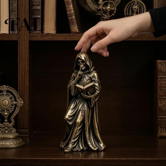 Жуткая спальня Дисплей Готический Жнец с капюшоном Читающий книгу Статуэтка из смолы, Мистический Череп Волшебника Фигурка Художественная Статуэтка Настольный Декор для книжной полки,