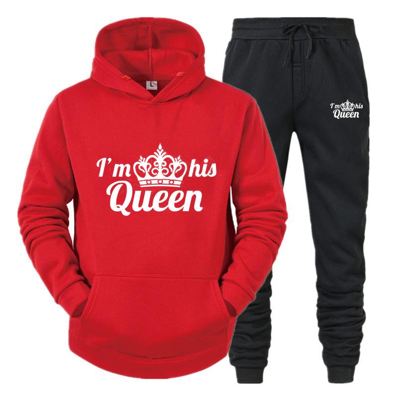 Спортивный костюм для влюбленных, толстовки с принтом QUEEN KING, толстовка для пар, одежда больших размеров с капюшоном, женские толстовки, комплект из двух предметов