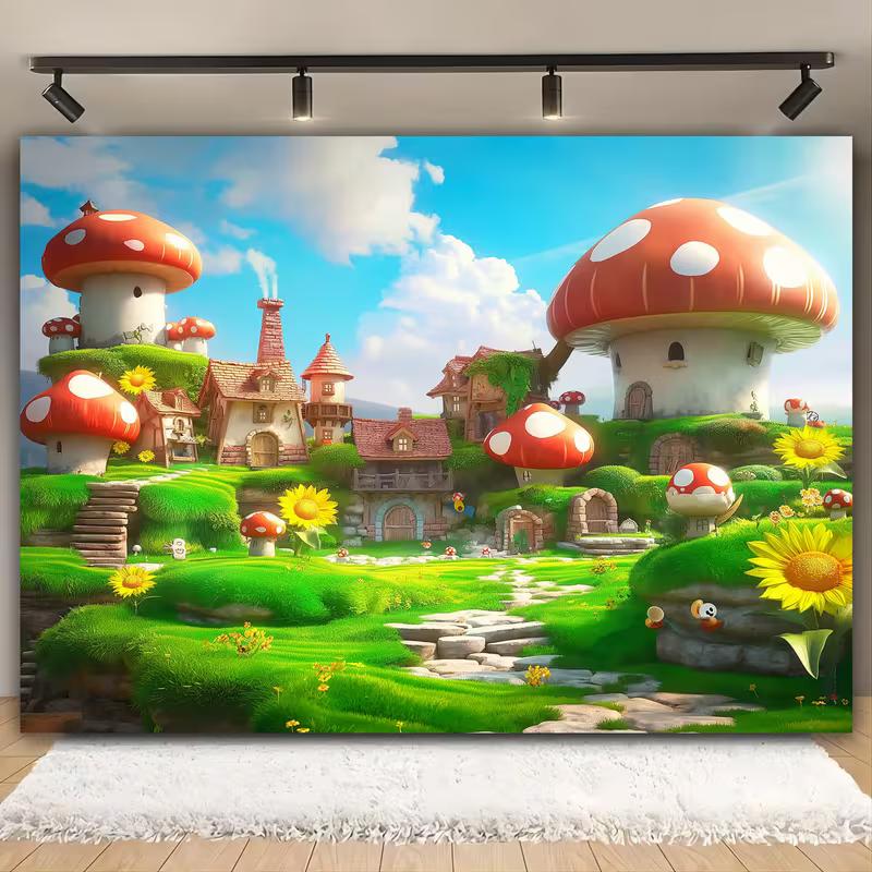 2D Magical Mushroom Town Backdrop for Enchanted Themed Celebrations