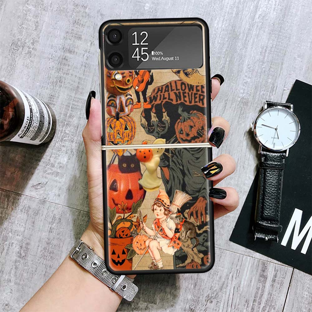 Halloween Fall Art Witch Cat Cases For Samsung Galaxy Z Flip 4 5 6 7 3 Z Flip7 Flip6 Flip4 Flip5 Flip3 5G Hard Shockproof Fundas