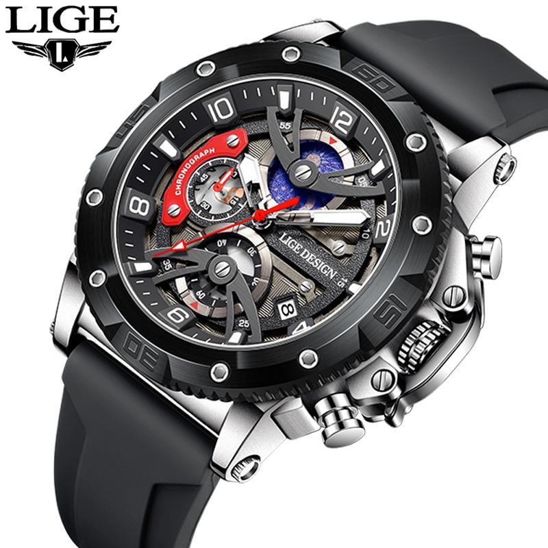 LIGE new men's watches fashion sports date chronograph quartz watch silicone strap waterproof men's wristwatch reloj hommes