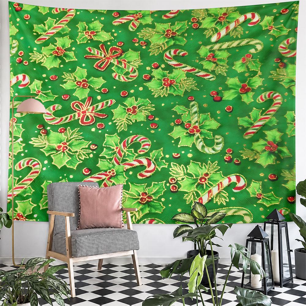 Green Candy Cane Holly Tapestry Wall Hanging Christmas Sweets Decor for Bedroom Living Room Holiday Gift