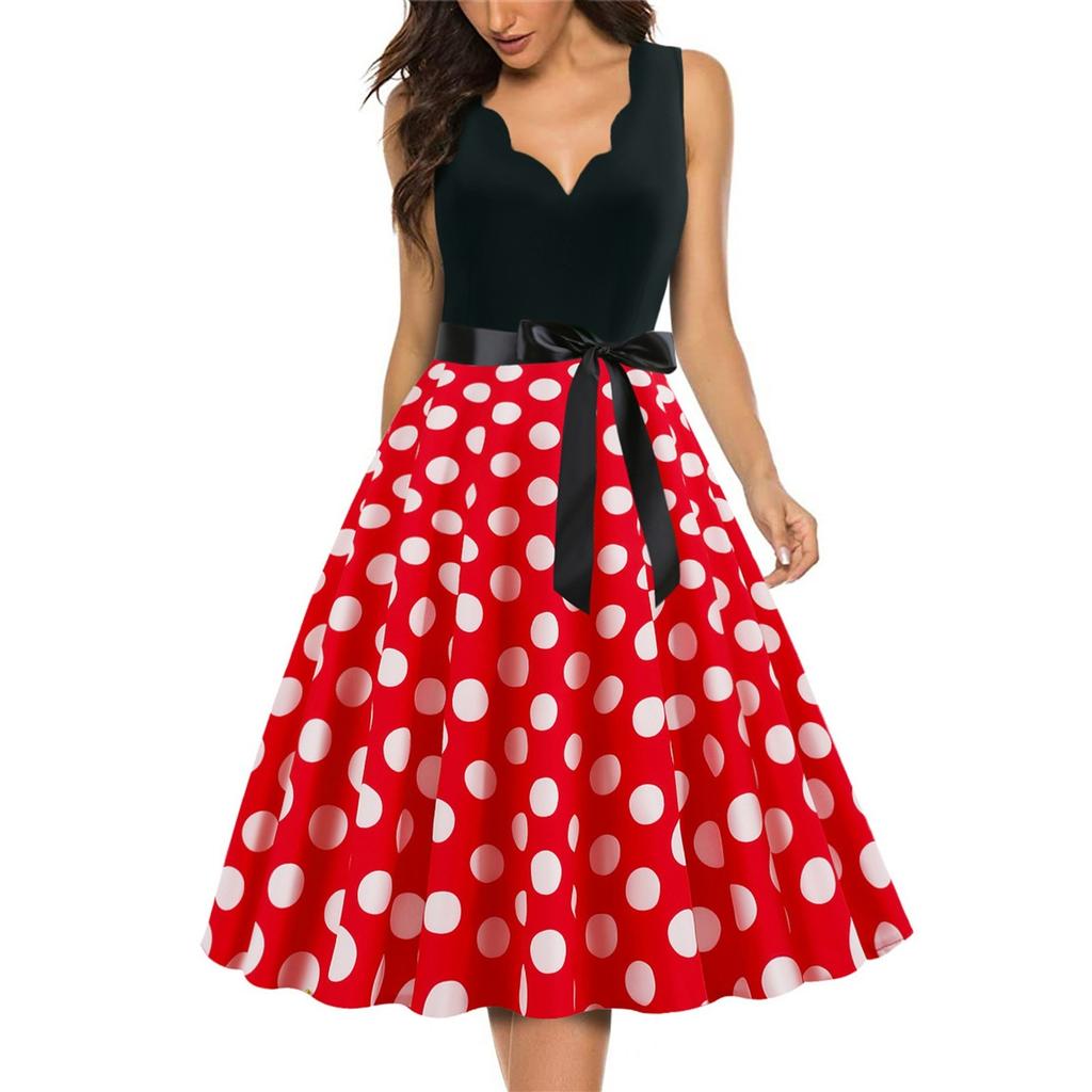 Women's Fashion Retro V-neck Polka Dot Print Swing Dress