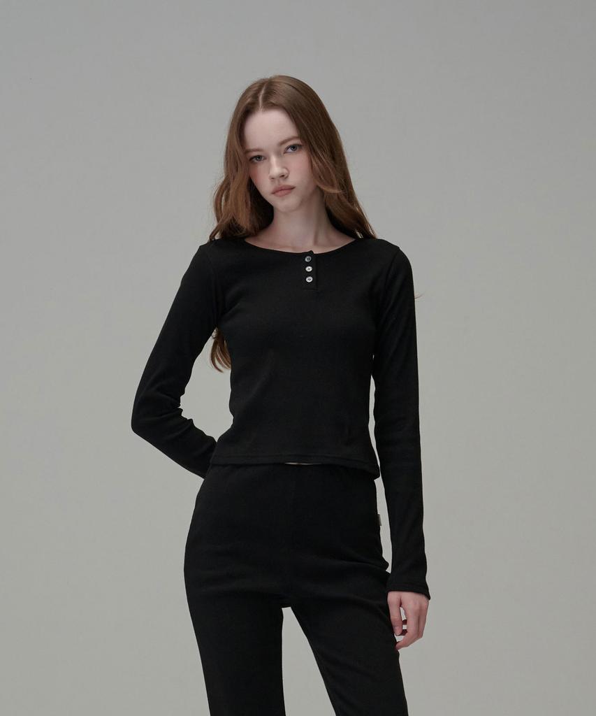 Хлопковая футболка-henley с длинным рукавом_Черная