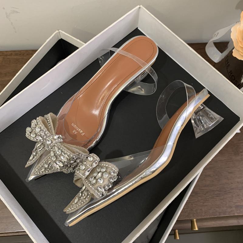 Fashion Eilyken Elegant PVC Transparent Sequined Bowknot Women Pumps Crystal Low High Heels Sandals Party Prom Shoes Zapatillas De Mujer