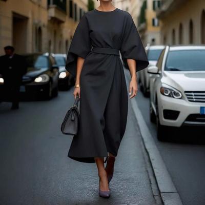 Женское платье миди с рукавами три четверти «летучая мышь» облегающее с высокой талией, однотонное