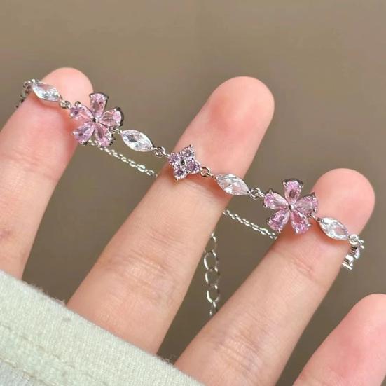 Women Bracelet Shiny Rhinestones Inlaid Flower Shape Adjustable Bracelet Versatile Fashion Accessory