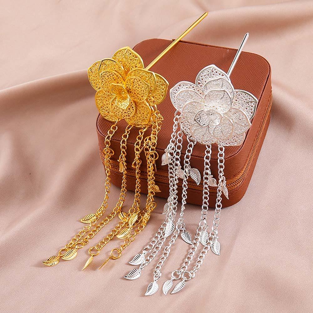 Ethnic Style Golden Tassels Hair Fork Ancient Silver Rose Hair Sticks  Wedding