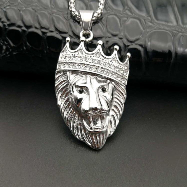 Full Iced Rhinestone An Crown Lion Tag Necklaces Pendants Cuban Chain 316L Stainless Steel Hip Hop Gold Silver Color Jewelry