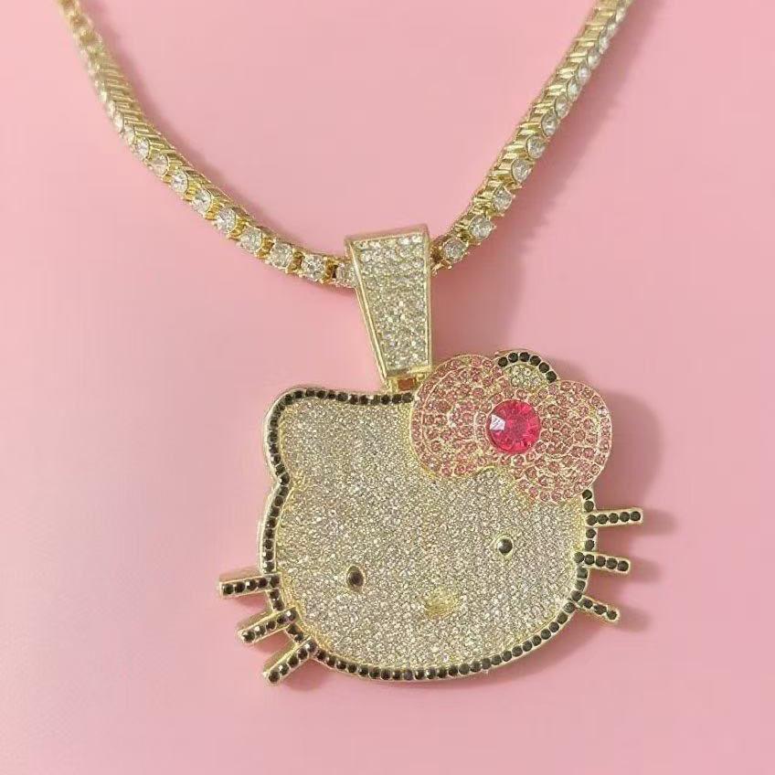Мультяшный кот с бантом, весь в бриллиантах, крутой, милый, Hello Kitty, подвеска, украшение, ожерелье, женское