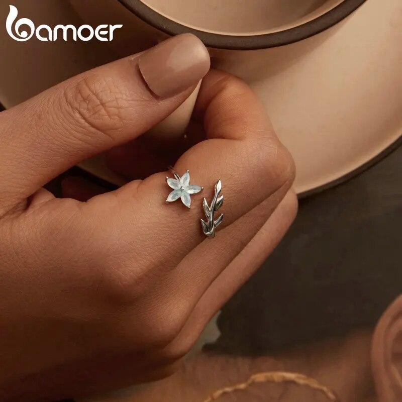 Bamoer 925 Sterling Silver Exquisite Flower Opening Ring Leaf Adjustable Ring for Women Birthday Gift Fine Jewelry