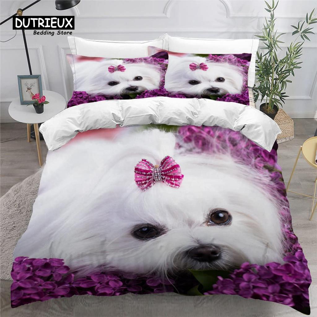 Cute Maltese Dog Duvet Cover Set Pet Dogs Theme Bedding Set Microfiber Kawaii Animal Comforter Cover Twin King For Kids Teens