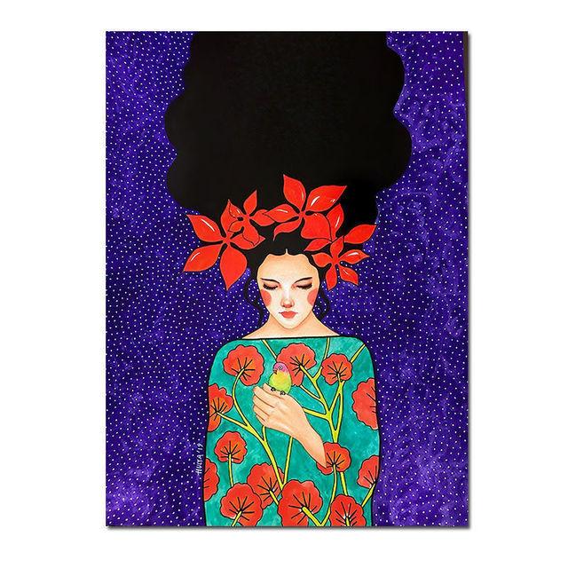 Скандинавская абстрактная девушка, цветок, птица, холст, картина, печать плакатов, винтажная настенная художественная картина для гостиной, домашний декор, Cuadros, без рамки