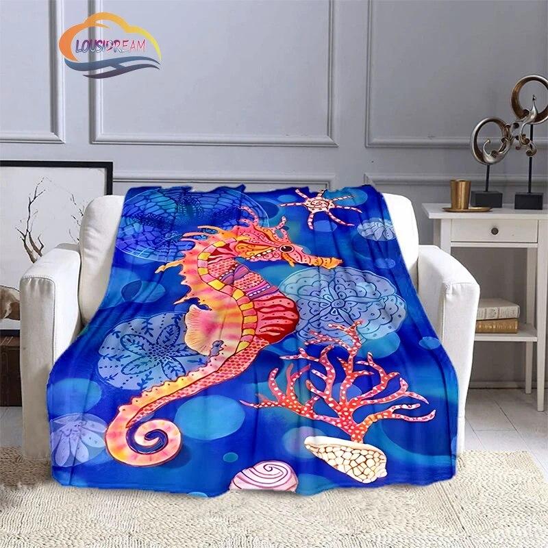 Marine Animal Sea Horse Blankets Super Soft Hippocampus Flannel Blanket Warm Lightweight Kids Bedding Sofa Chairs All Seasons