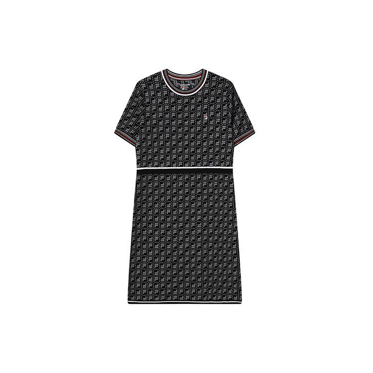 Fila Платье женское тканое модное с принтом по всей поверхности, элегантное, с круглым вырезом и короткими рукавами, черное F11W221309FBK