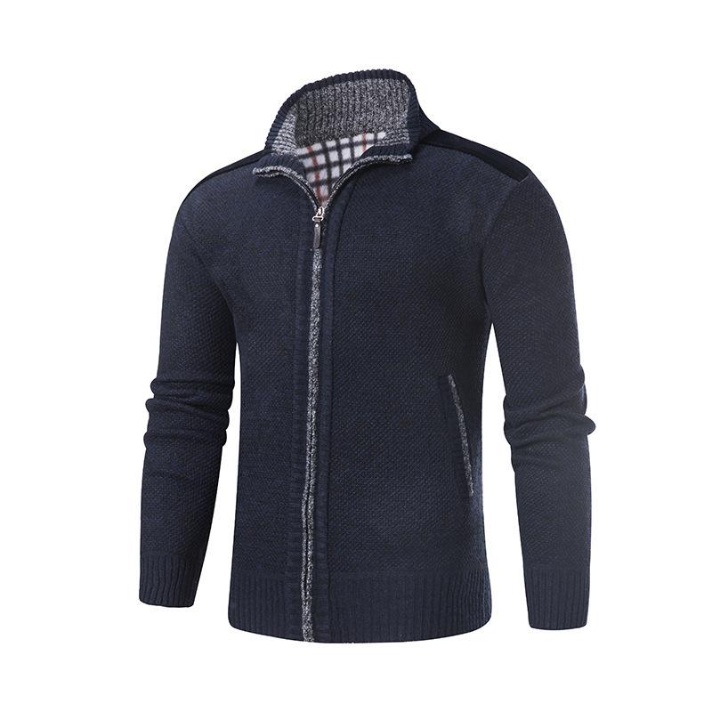 New Men's Fleece Thickened Knitted Jacket Stand-up Collar Splicing Knitted Sweater Cardigan Sweater Men's