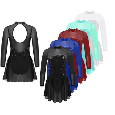 Детское танцевальное платье для фигурного катания для девочек с длинными рукавами, блестящая сетка со стразами, балетное гимнастическое трико, платья для соревнований, танцевальная одежда