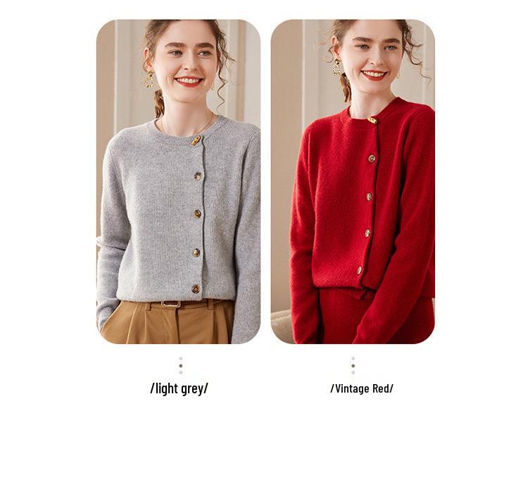 Women's Red Cashmere Round Neck Cardigan - Solid Color, Side Button, Loose, Slimming Knit Outerwear