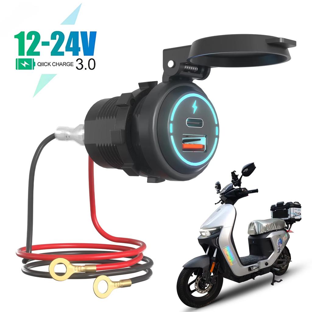 USB + Type C Dual Port Fast Car Charger with Spring Cover Waterproof Charging Adapter for Motorcycle