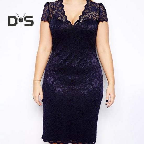 Summer Women See Through Lace Patchwork Mini Dress V Neck Short Sleeve Slim Fit Plus Size Party Dress Female Clothing