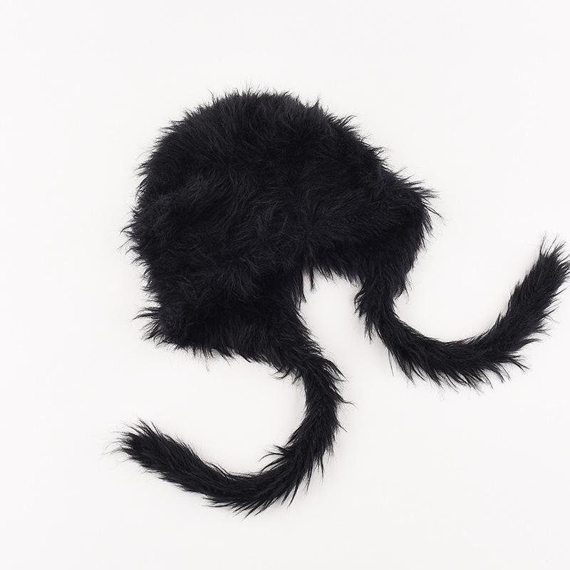 Плюшевая милая шапка-ушанка из шерсти, женская осенне-зимняя теплая вязаная шапка с кошачьими ушками из искусственной норки, шапка с завязками