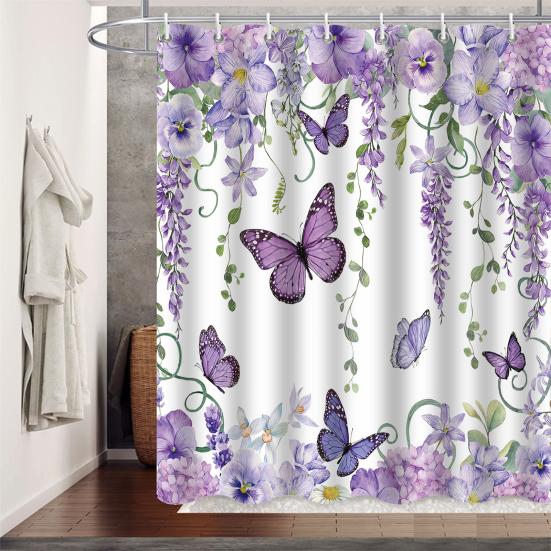 Floral Shower Curtain Spring Farmhouse Bathroom Curtain Waterproof Flowers Butterflies Leaves Bath Curtain with Hooks for Home Shower Bathtub