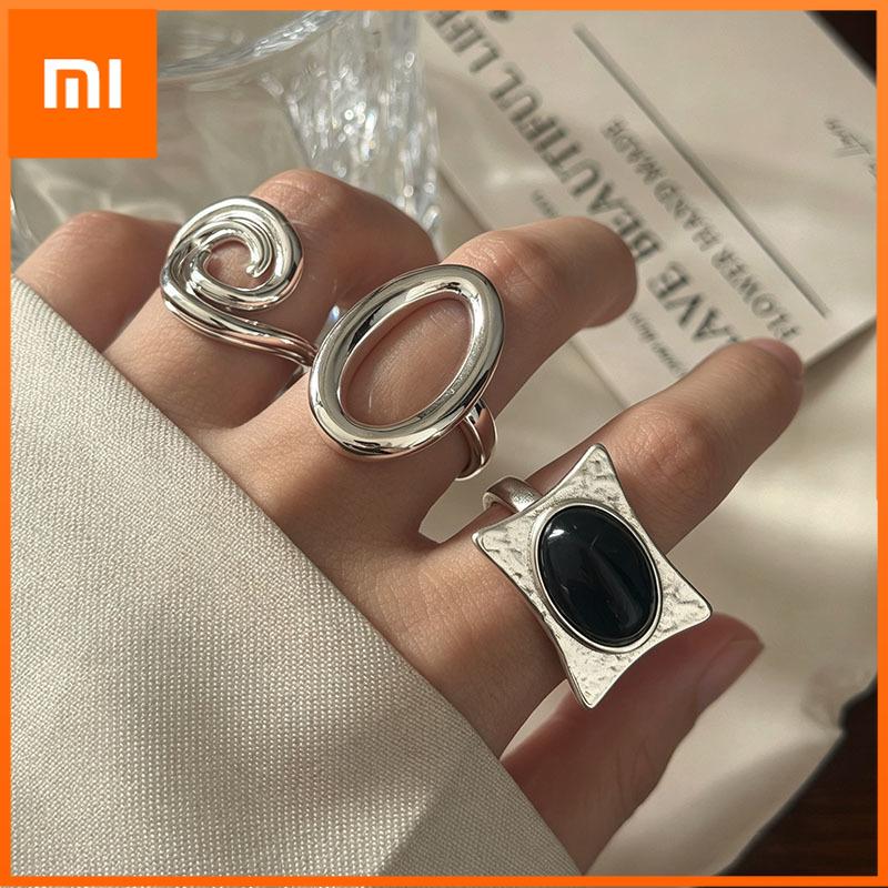 Xiaomi BF CLUB 925 Sterling Silver Ring For Women Jewelry Big Black Stone Open Vintage Handmade Ring Allergy For Party Birthday Gift