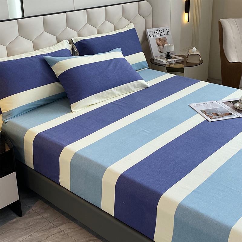Комплект постельного белья из 3 предметов, простой, синий, в полоску, мягкий, приятный для кожи, утолщенный, 100% хлопок, эластичный, размер Queen Size