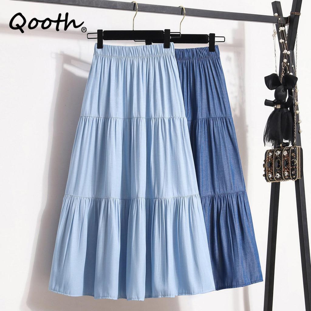 Qooth Patchwork Simple Casual Pleated Skirt Ankle Length Skirt Elegant Blue Skirt QT2158