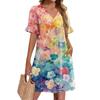 Летние платья для женщин с V-образным вырезом, оборками и коротким рукавом, повседневное свободное платье с принтом, пляжное платье с карманами