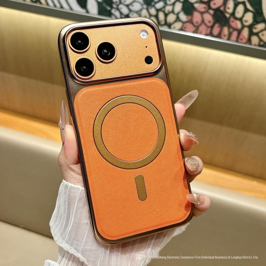 Совместимый с Apple 17 Pro Max Магнитный чехол с текстурой кожи для iPhone 16, Легкая роскошь 15 и Бизнес 14 Электроplated Защитная крышка