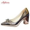 Aphixta Bling Champagne 7cm Chunky Heels Pumps Women Shoes Luxury Crystals Sun Buckle Party Wedding Super Big Size 30-50